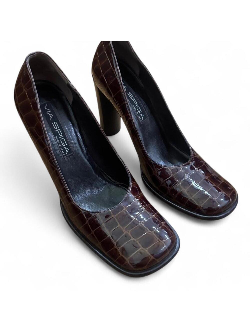 Via Spiga Brown Croc Embossed Leather Pumps -  Women's US 8.5